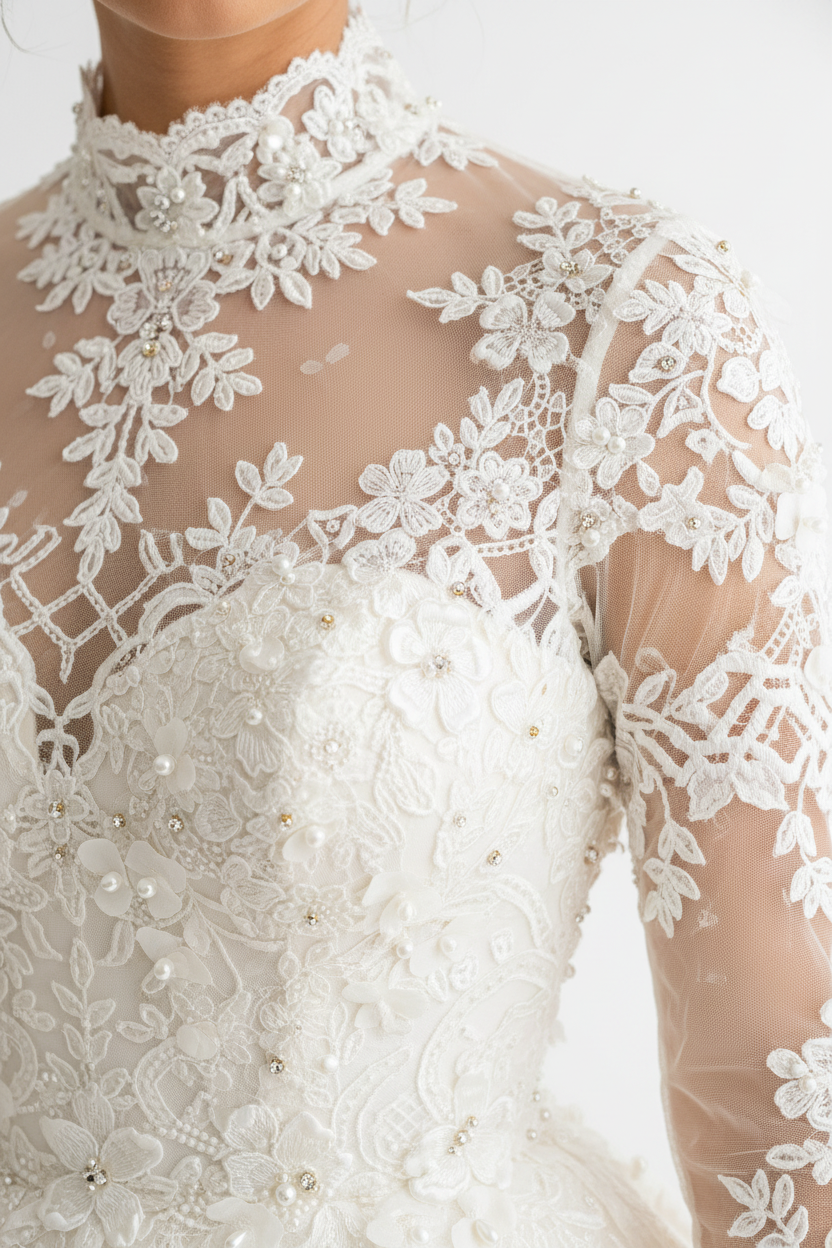 NIL-116 Ivory High Neck Wedding Dress – Detail View