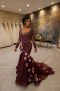 NIL-NS-241 Burgundy Rose Gold Crystal Mermaid Engagement Dress - Front View