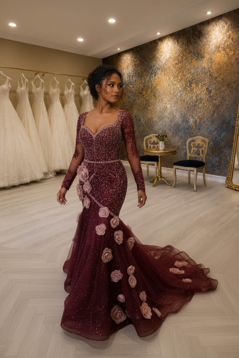 NIL-NS-241 Burgundy Rose Gold Crystal Mermaid Engagement Dress - Front View