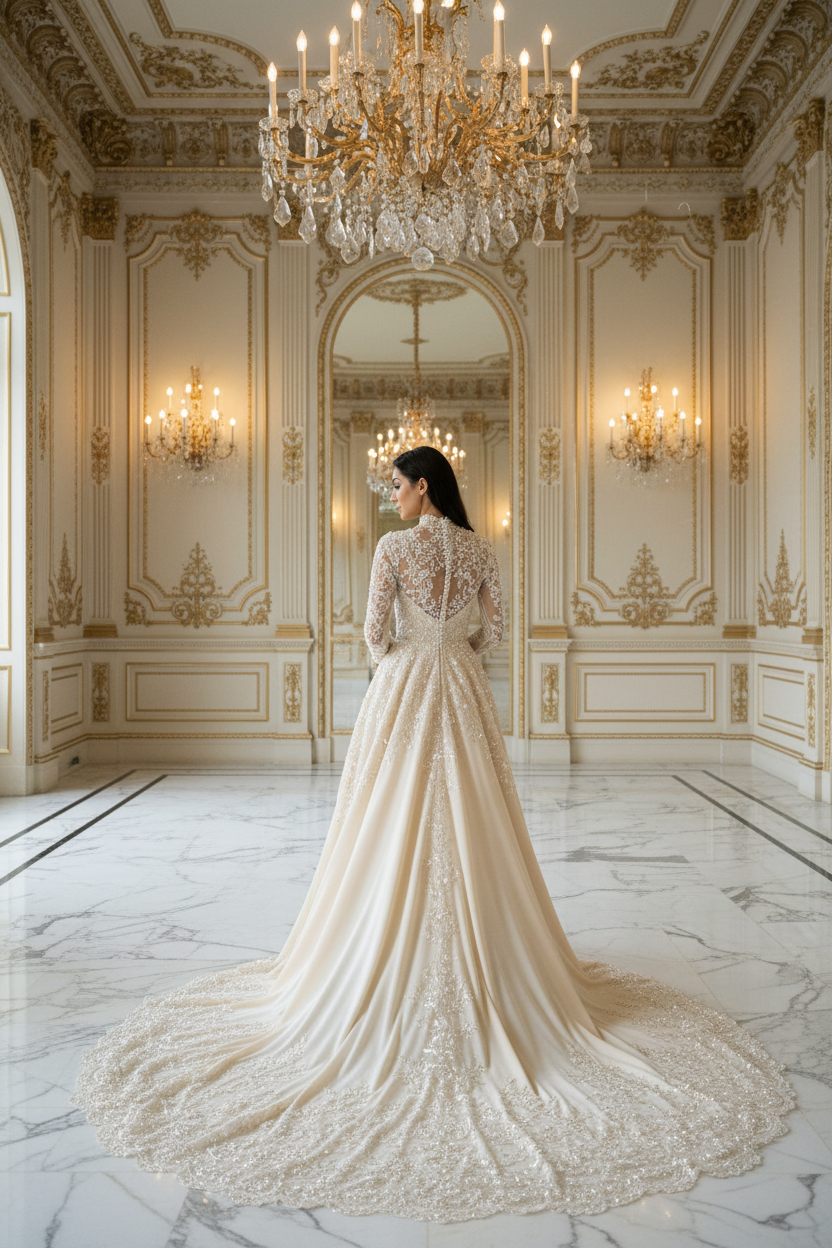 NIL-091 Champagne A-Line Modest Bridal Gown – Back View