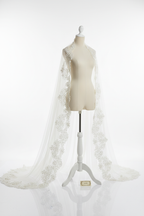 220cm pearl lace chapel veil on headless dress form mannequin, studio lighting