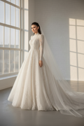 NIL-241 – Ivory Lace A-Line Bridal Gown with Chapel Veil | High Neck | Long Lace Sleeves | Modest Couture
