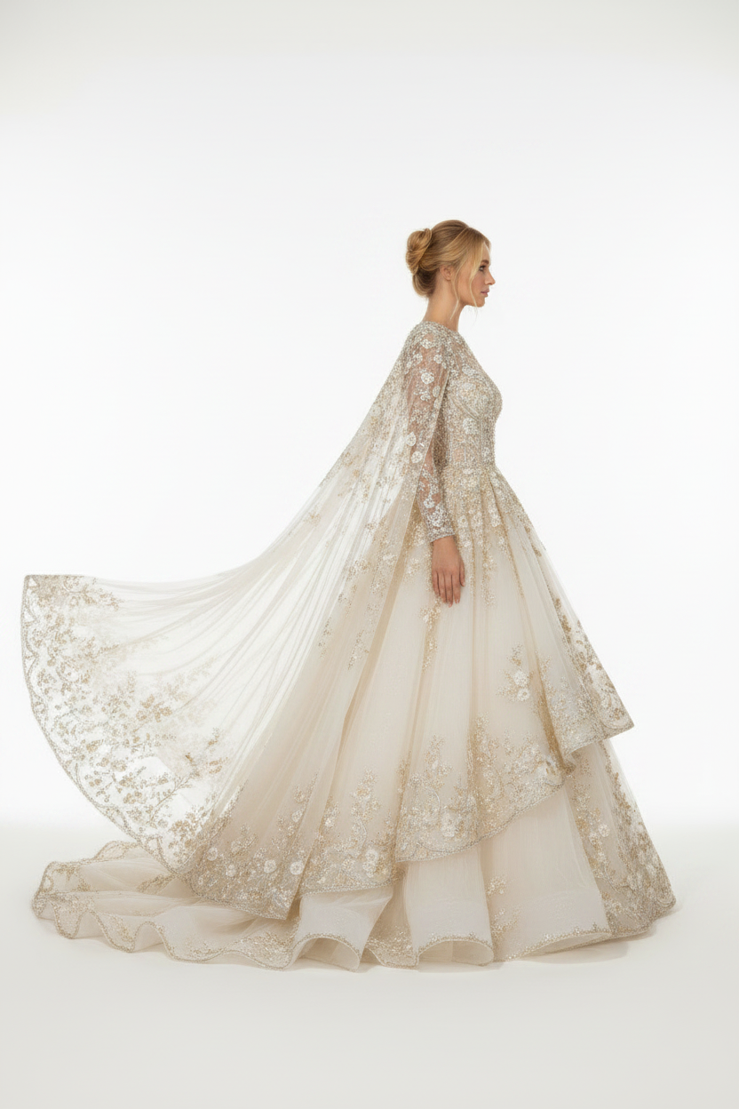 NNC-109 Ivory Princess Cape Bridal Gown - Side Profile