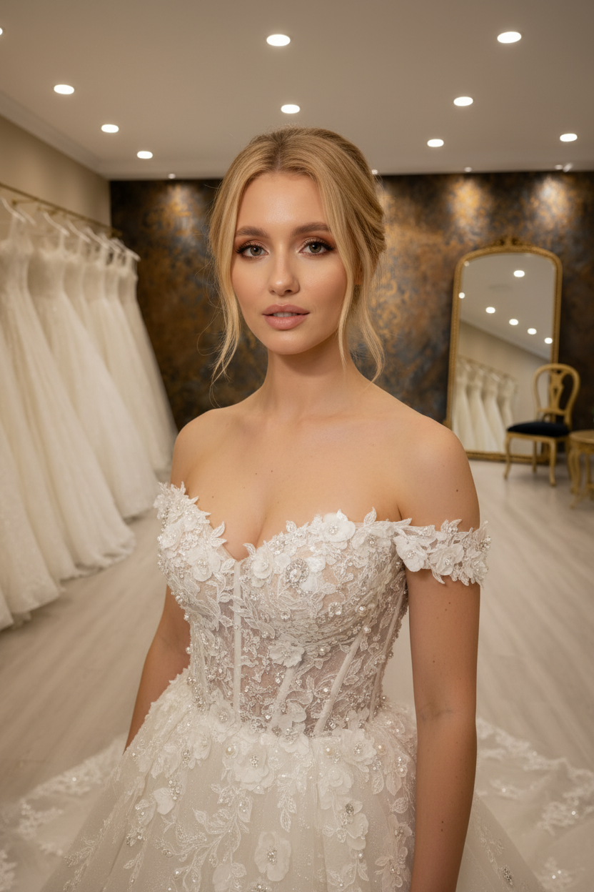 NIL-197 Ivory 3D Floral Lace Ball Gown – Close-Up – Sarışın