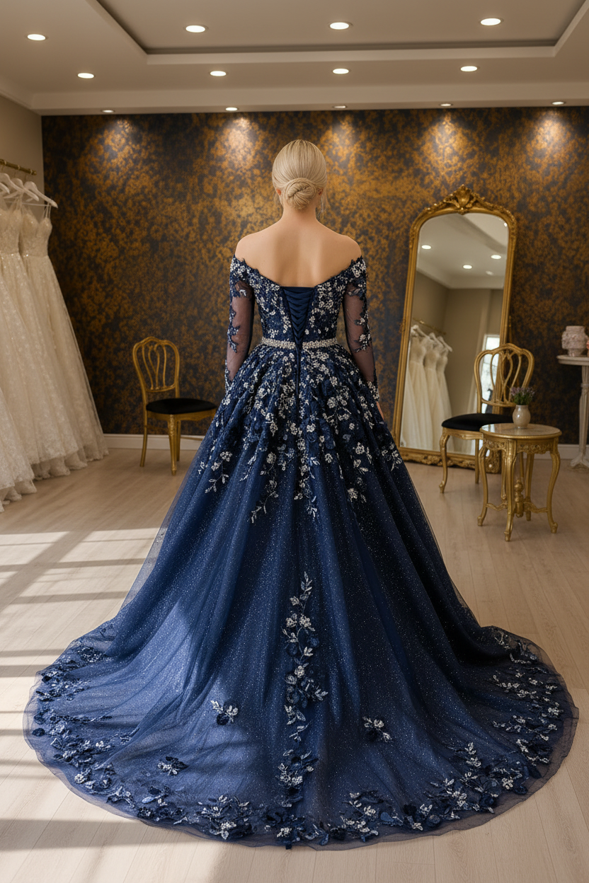 NIL-NS-215 Navy Blue Silver Crystal Ball Gown Engagement Dress - Back View
