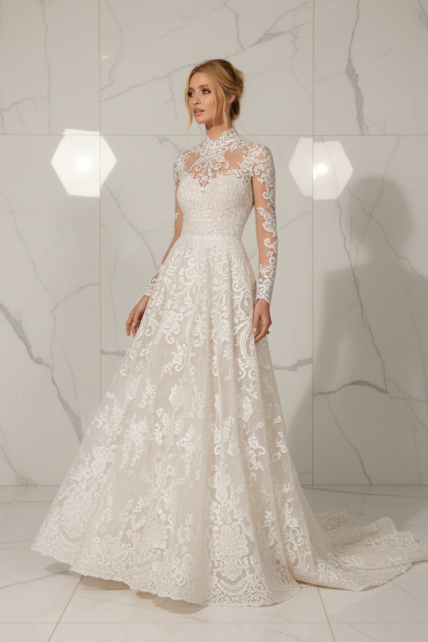 NIL-116 Ivory High Neck Wedding Dress – Editorial View