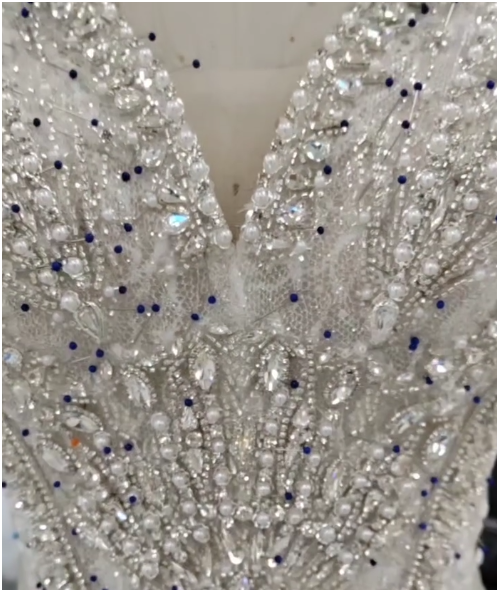 NIL-253 – Crystal Pearl & Sapphire Bead Mermaid Gown with Cathedral Veil | Deep V Neck | Long Sleeves | Gulf Couture