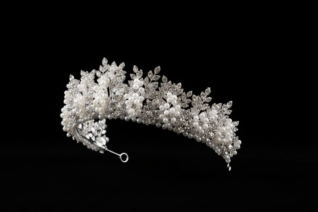 Bonnie Zircon Pearl Bridal Tiara - 45 Degree View