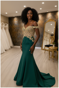 NIL-NS-261 Emerald Green Gold Crystal Fit-and-Flare Engagement Dress - Front View