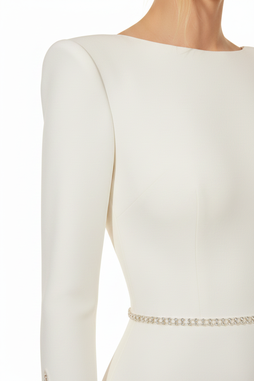 NNC-108 Cream Mermaid Gown - Structured Shoulder and Crystal Detail