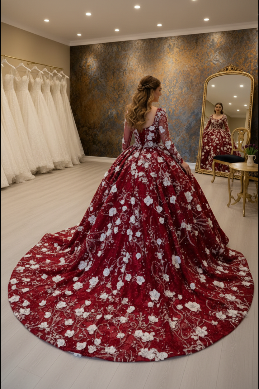 NIL-NS-001 Crimson Red - Back View, Cathedral Train Spread, Mirror Reflection