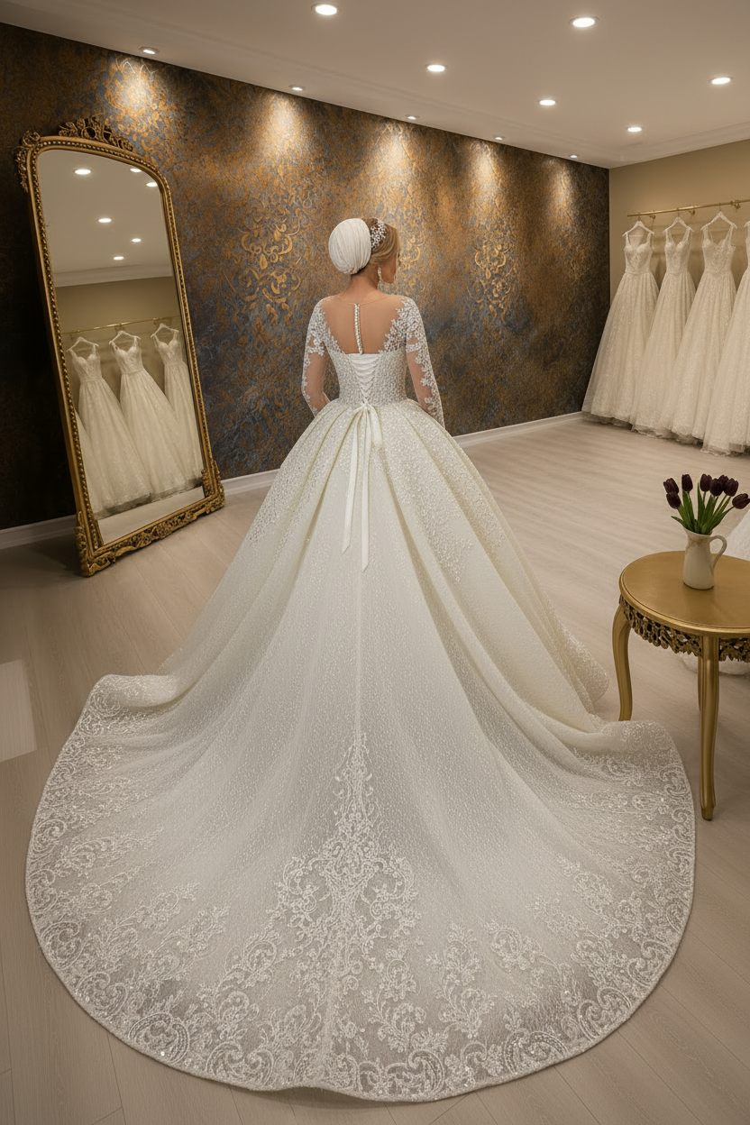 NIL-018 Soft Ivory Royal Princess Ball Gown back view by NIL Wedding Dress