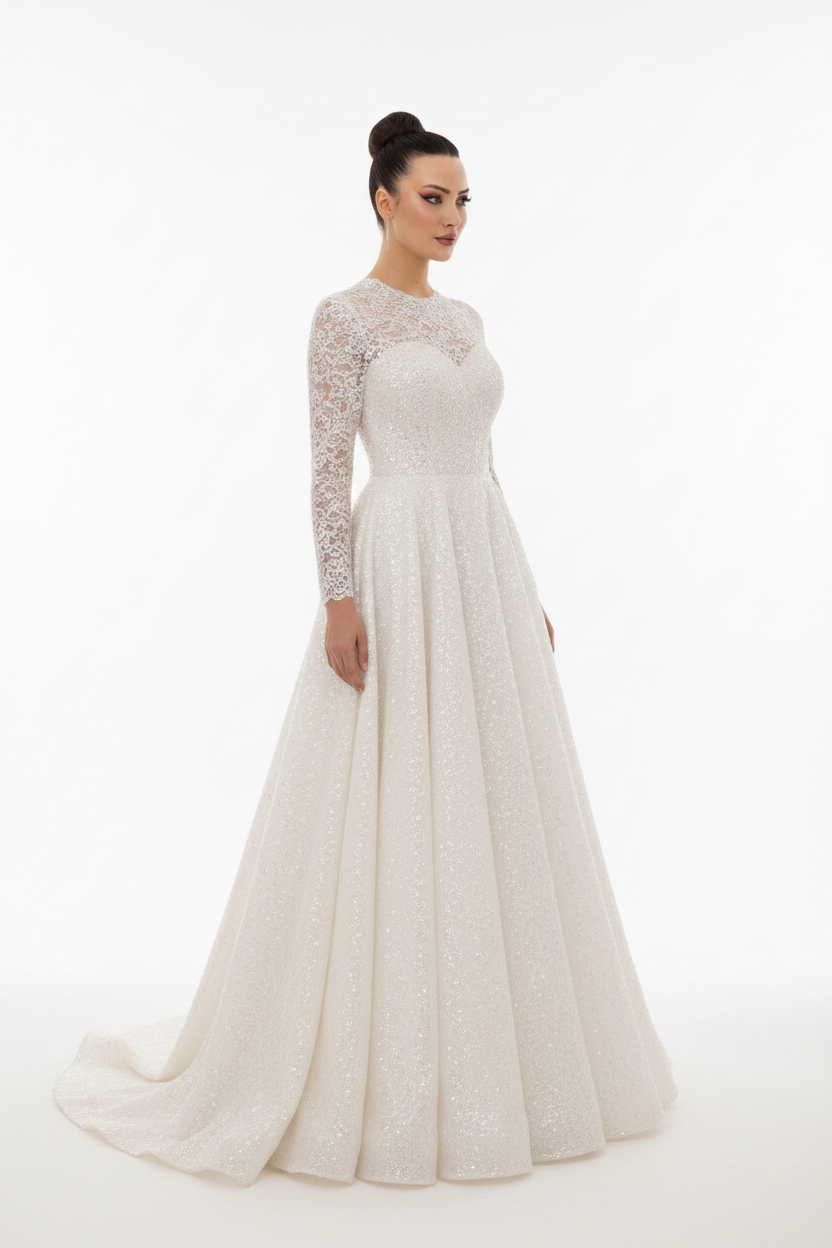 NIL-115 Soft White Modest Wedding Dress – Side View