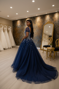 NIL-NS-260 Navy Blue Silver Crystal Pearl Ball Gown Engagement Dress - Front View