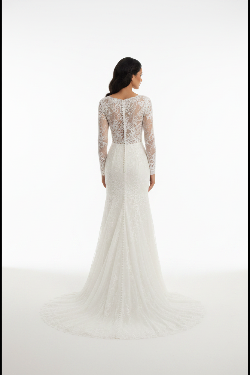 NIL-118 Soft Ivory Long Sleeve Couture Wedding Dress – Back View
