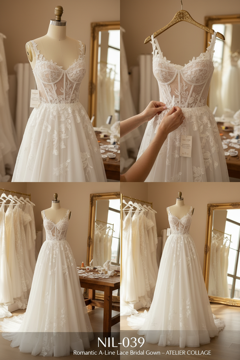 NIL-039 Romantic A-Line Lace Bridal Gown atelier collage by NIL Wedding Dress