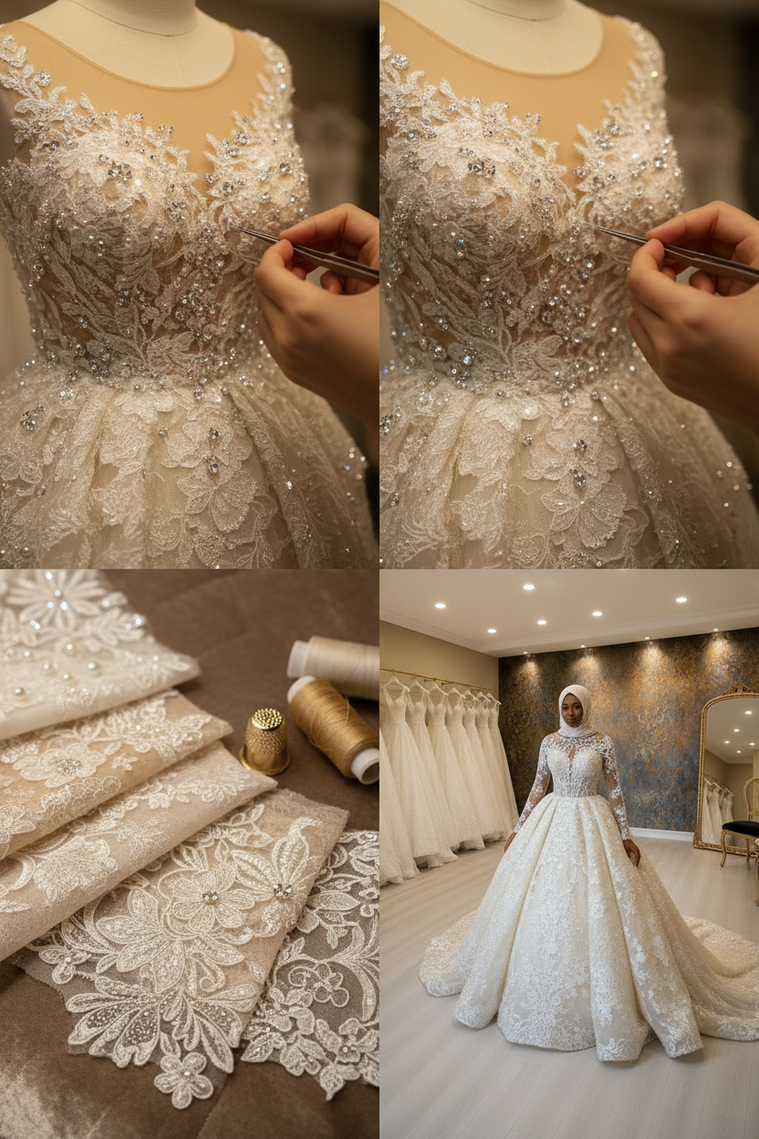 NIL-017 Champagne Ivory Royal Princess Ball Gown atelier lifestyle collage by NIL Wedding Dress