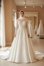 NIL-009 Soft Ivory Hijab Princess Ball Gown Front View