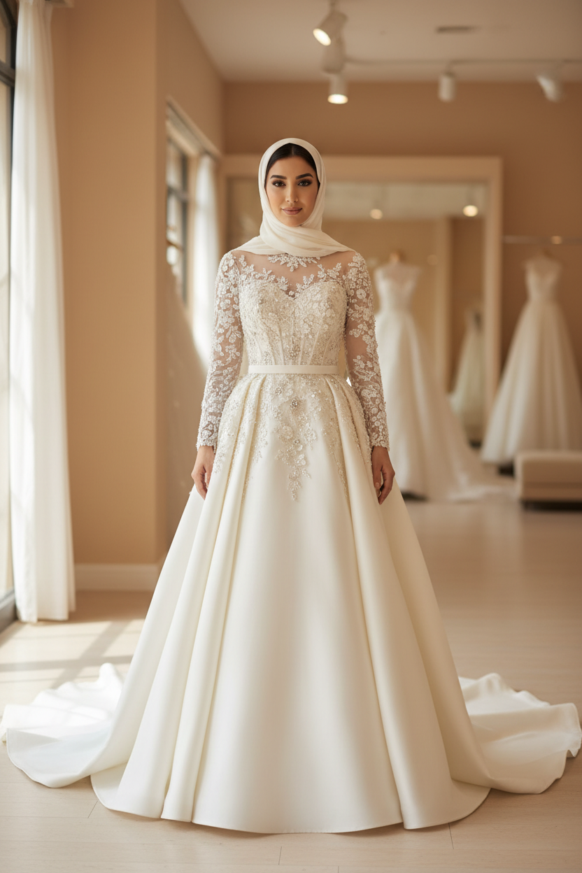 NIL-009 Soft Ivory Hijab Princess Ball Gown Front View