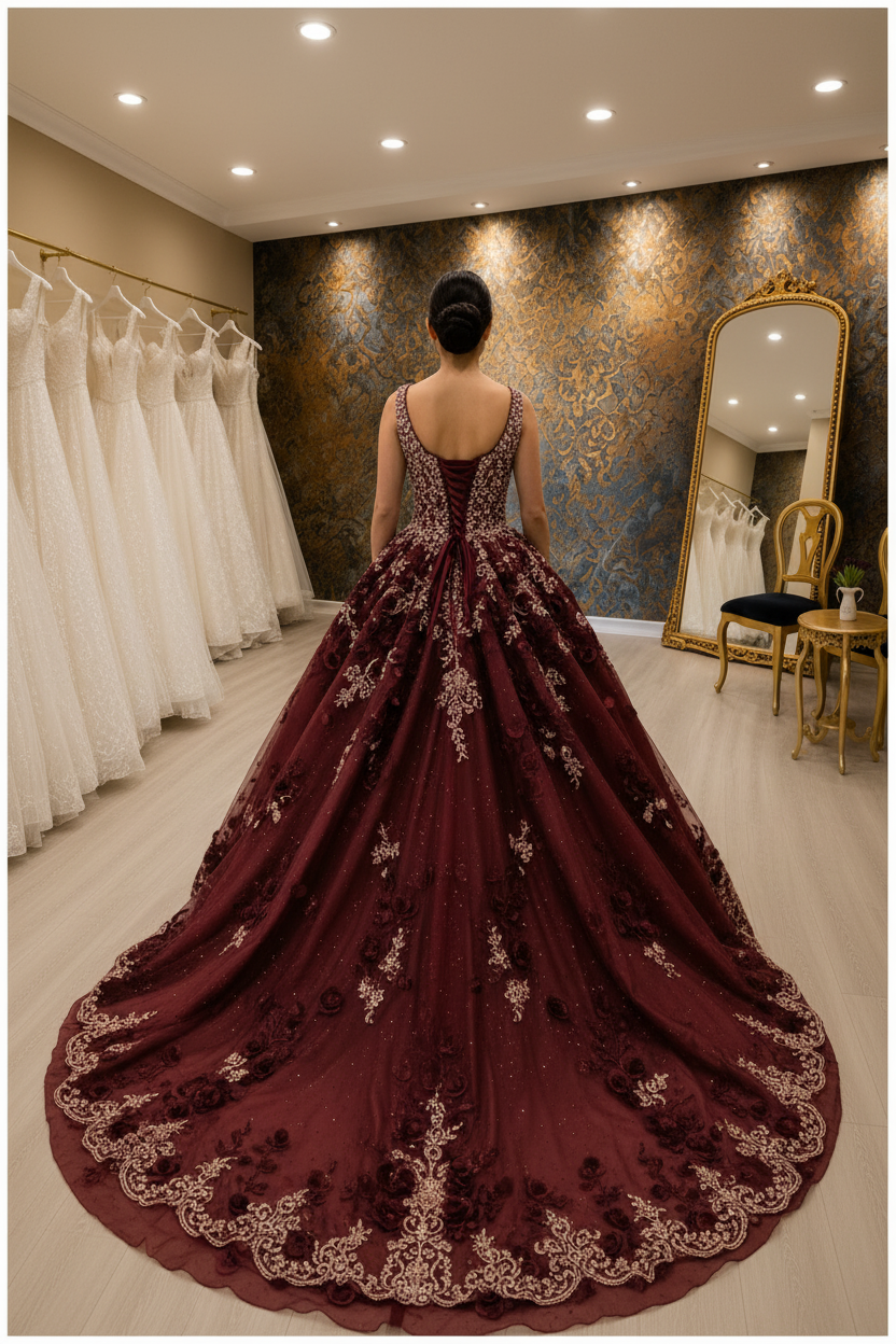 NIL-NS-266 Burgundy Royal Crystal Princess Engagement Dress - Back View