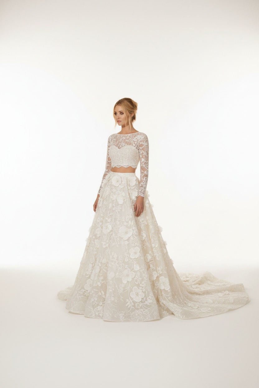 NNC-110 Ivory Two-Piece Floral Bridal Set - Front View
