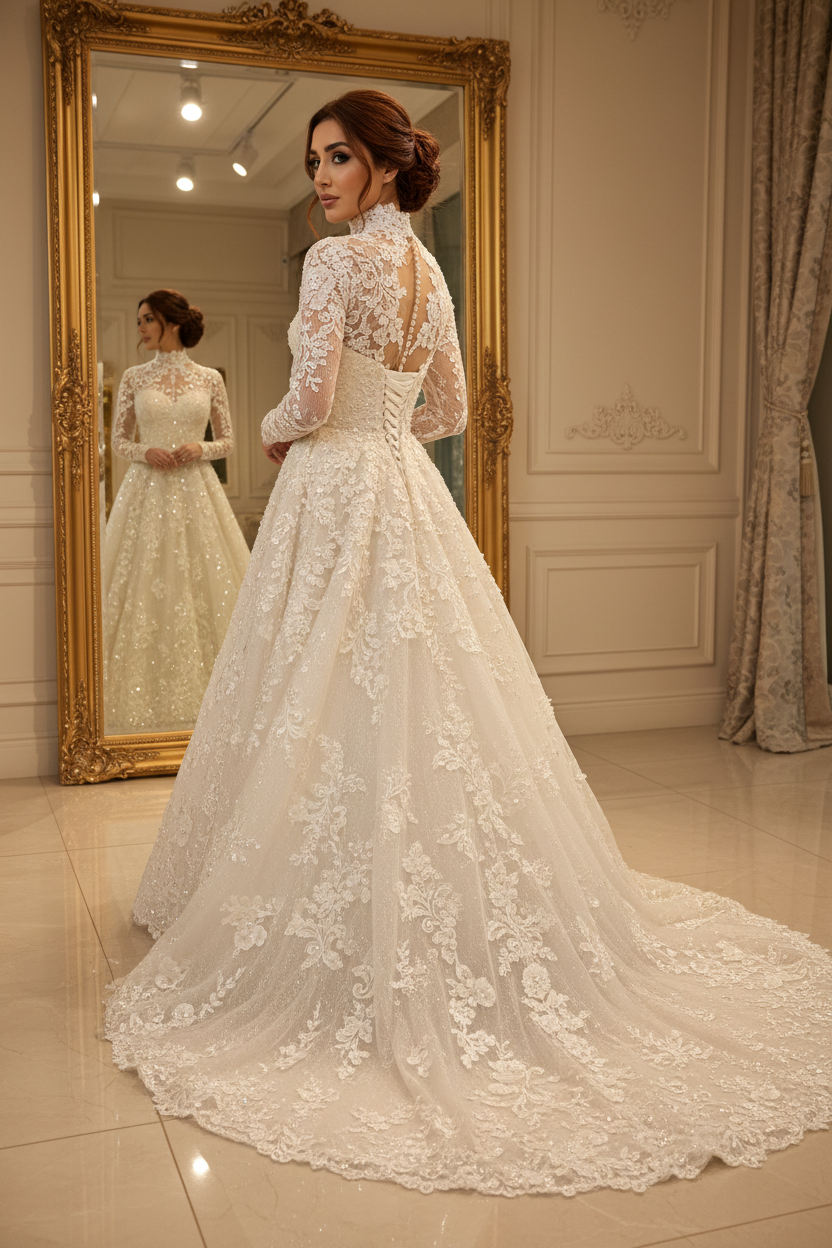 NIL-223 Hijab Wedding Dress - Back 3/4 View