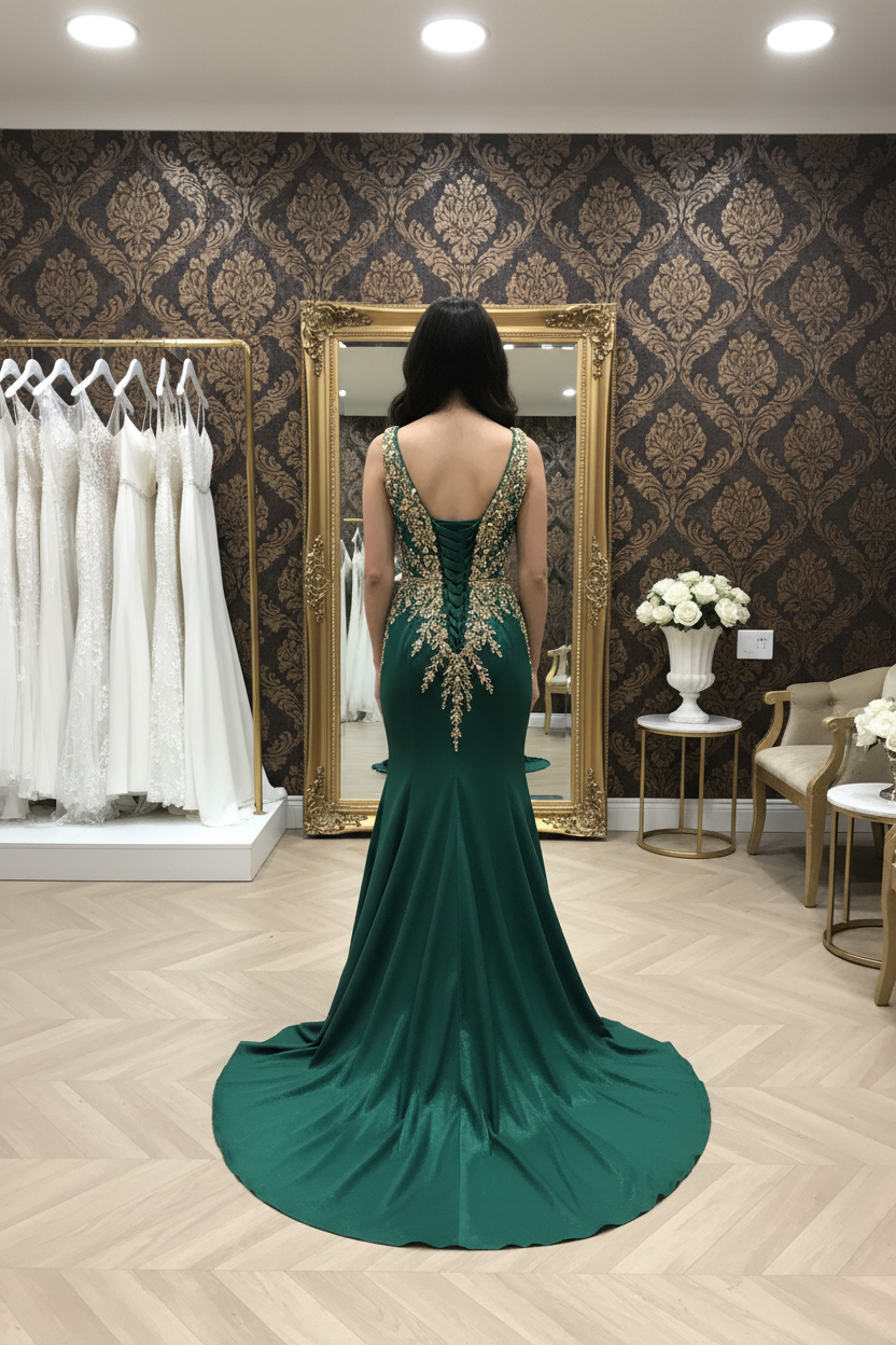 NIL-NS-245 Emerald Green Gold Crystal Mermaid Engagement Dress - Back View