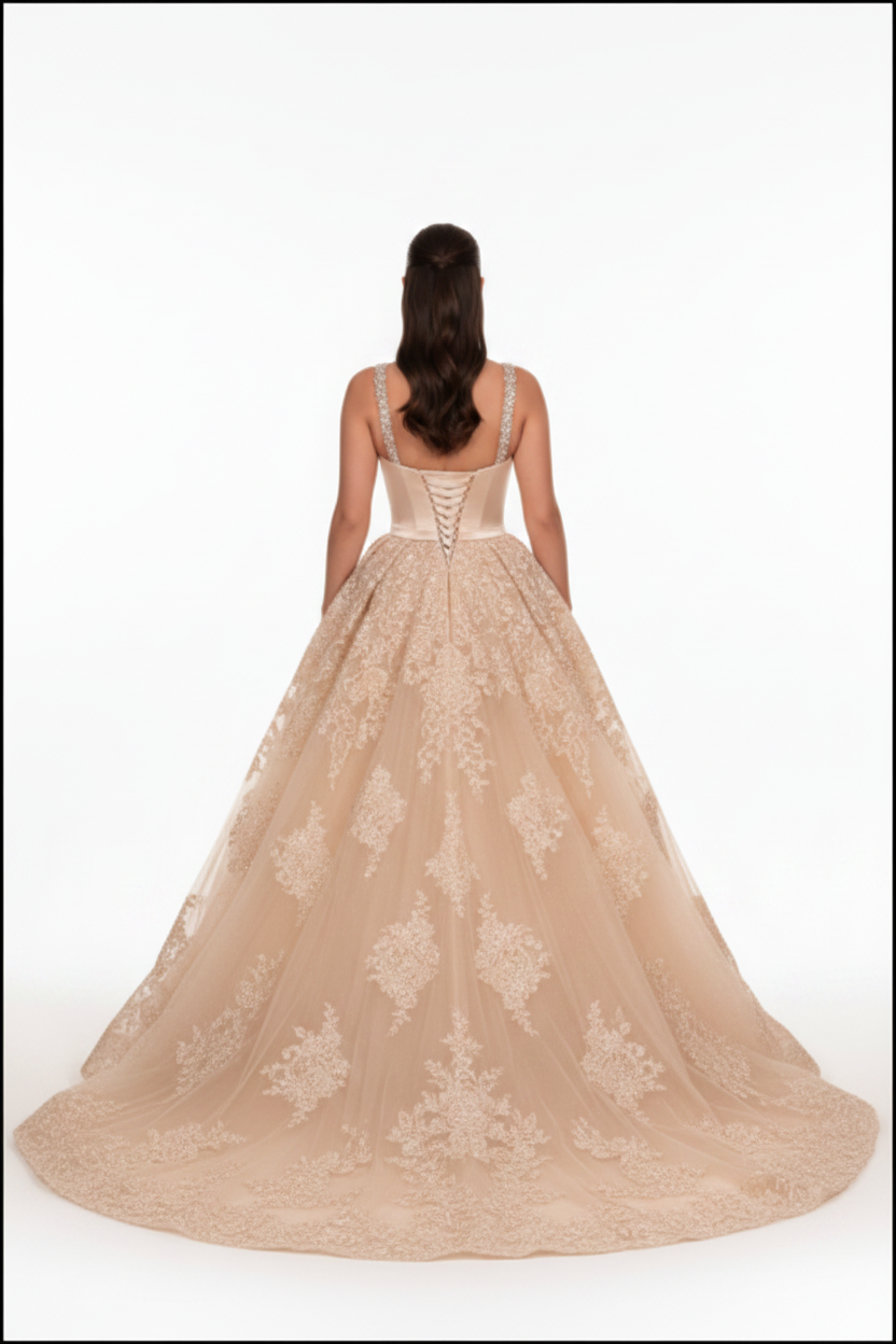 NIL-117 Champagne Detachable Overskirt Wedding Dress – Back View