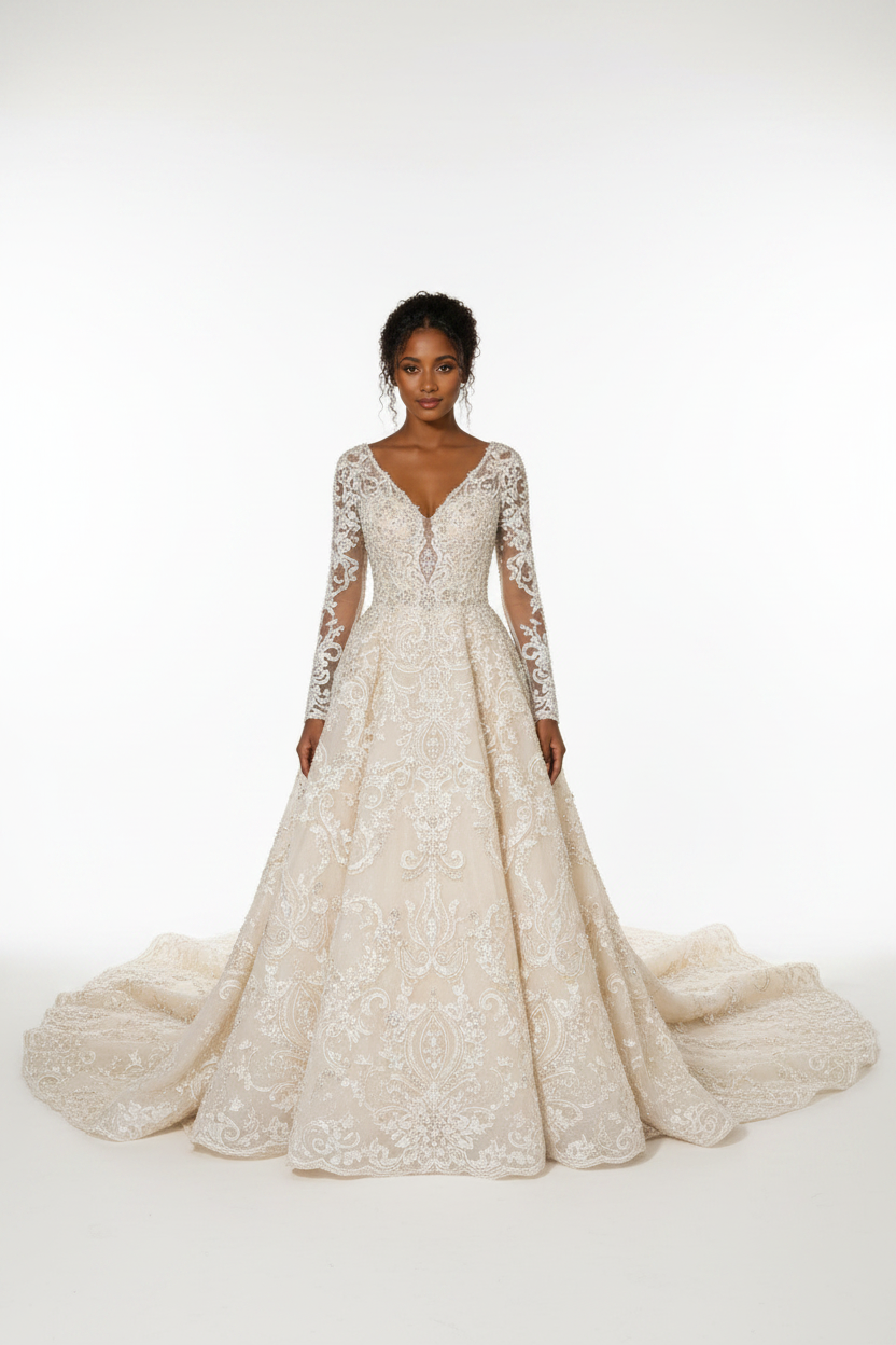 NIL-121 Champagne Ivory A-Line Long Sleeve Front View