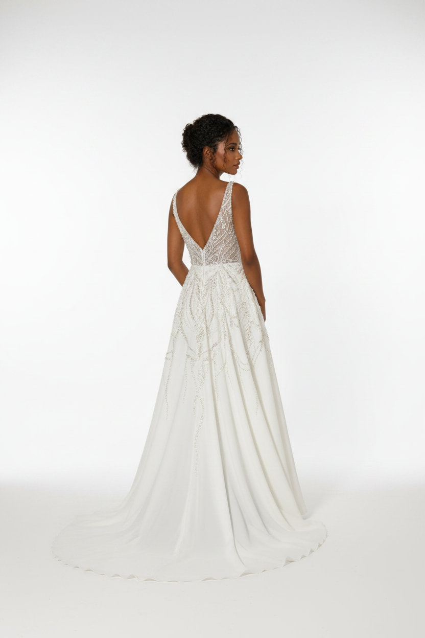NIL-112 Pearl White A-Line Wedding Dress – Back View