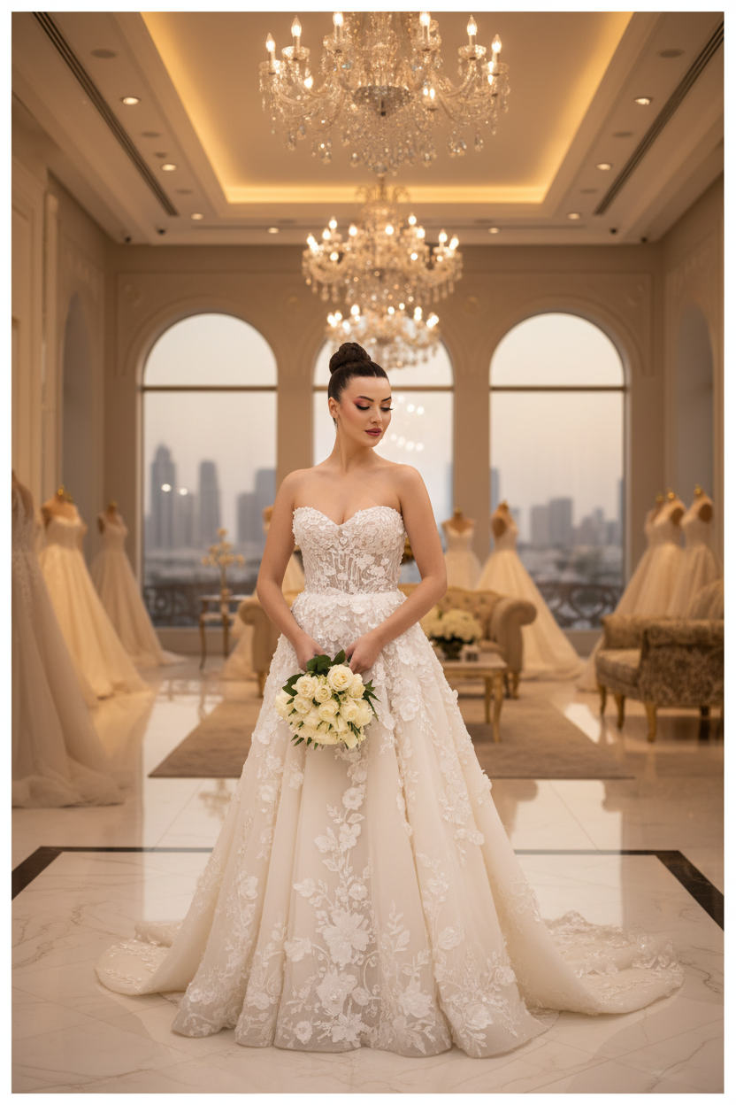 NIL-124 luxury Gulf bridal editorial romantic A-line wedding dress by NIL Wedding Dress