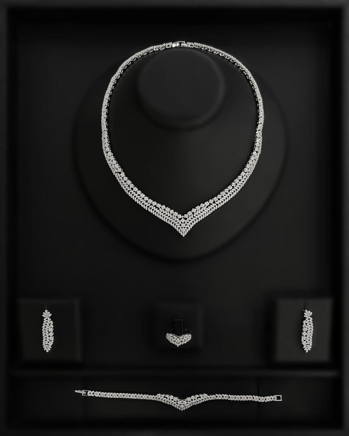 NNC-006 | Triple Row Marquise V Zircon Bridal Set Necklace