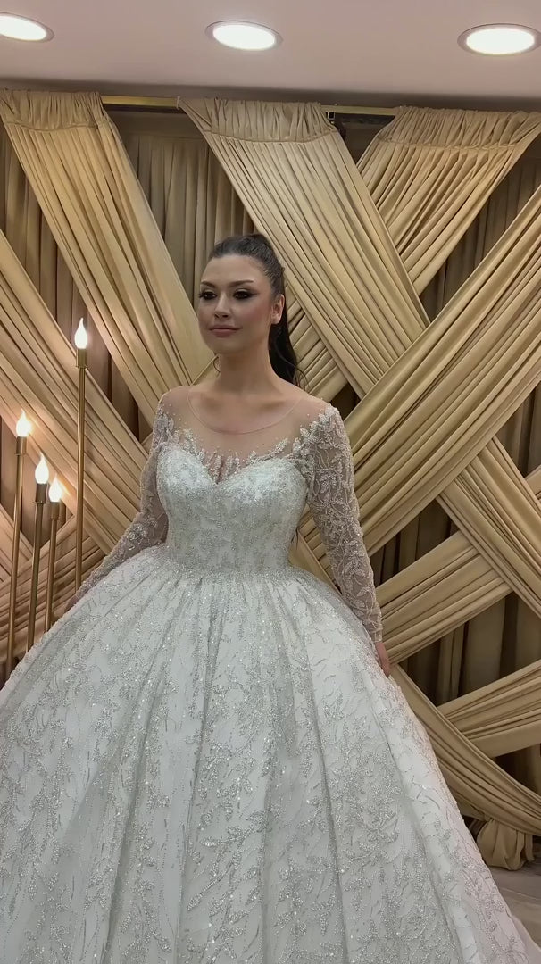 NIL-328 Ivory Ball Gown Lace Applique Tulle Wedding Dress