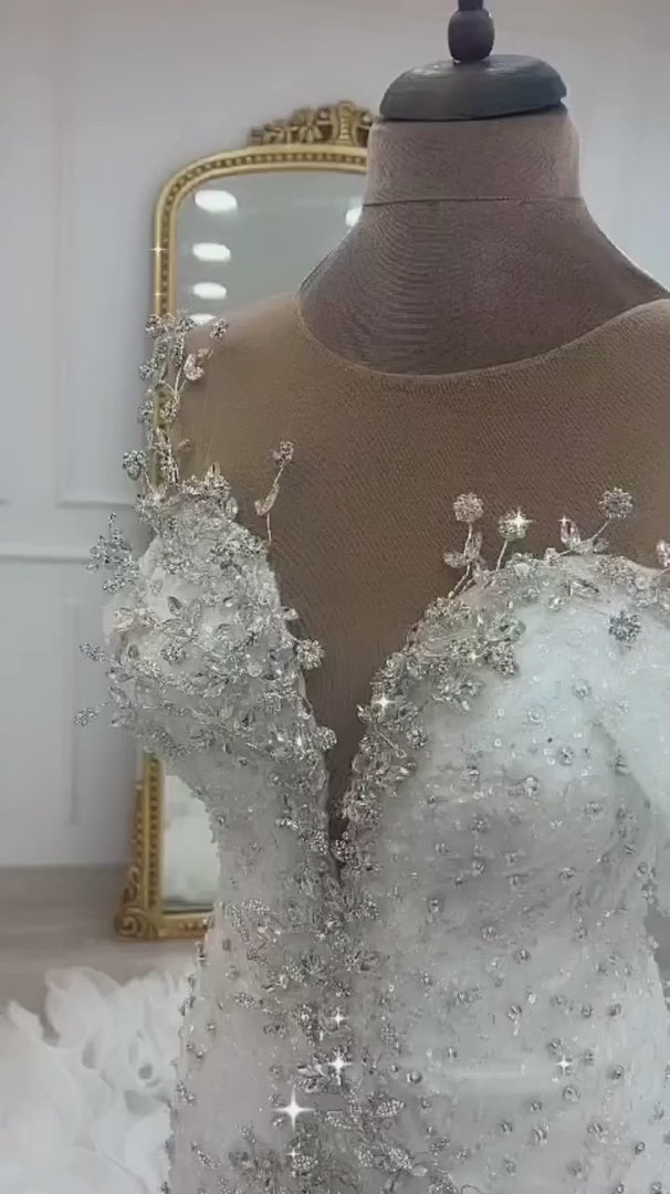NIL-341 Ivory Ball Gown Feather Beaded Tulle Wedding Dress
