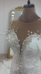 NIL-341 Ivory Ball Gown Feather Beaded Tulle Wedding Dress