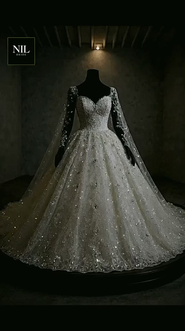NIL-327 Ivory Ball Gown Crystal Beaded Lace Tulle Wedding Dress