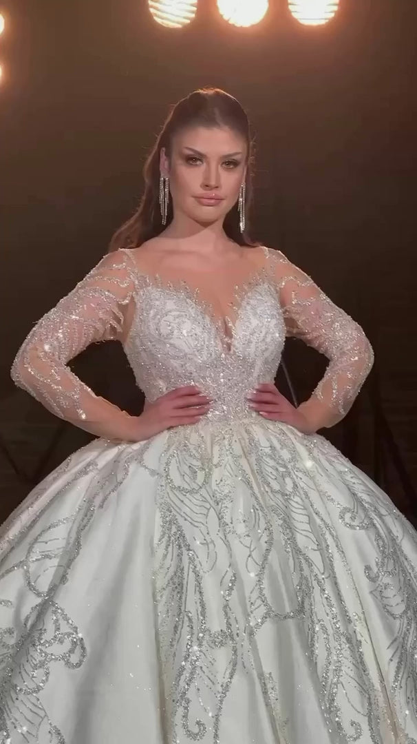 NIL-395 Ivory Ball Gown Lace Applique Tulle Wedding Dress