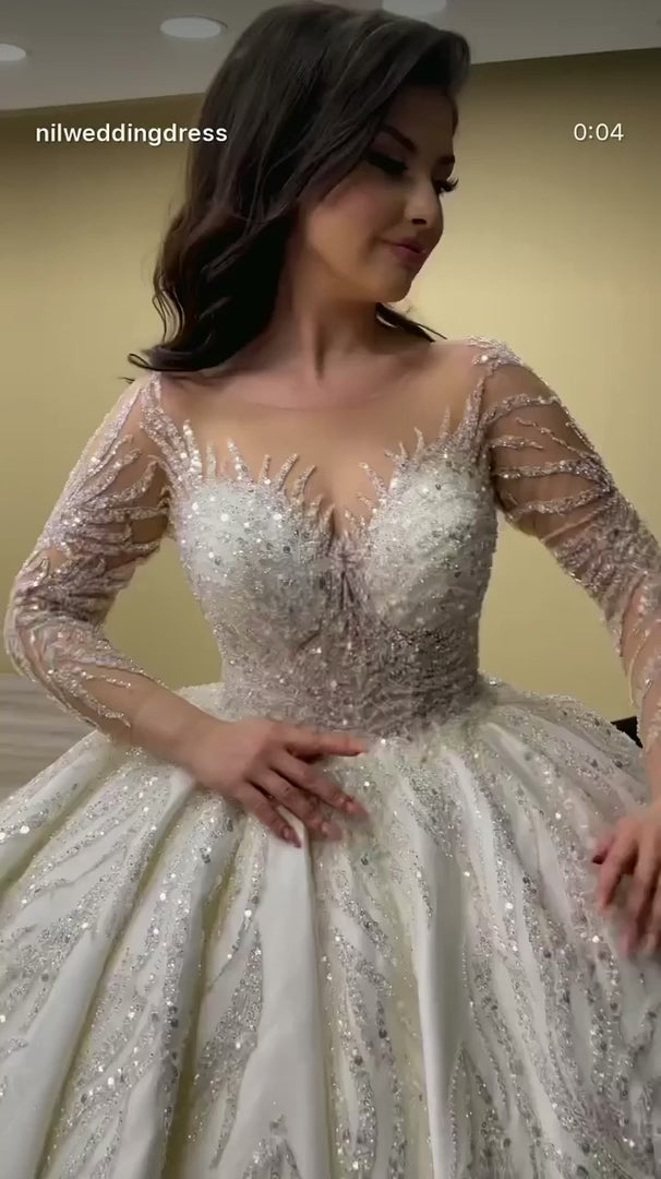 NIL-374 Ivory Ball Gown Crystal Beaded Tulle Wedding Dress