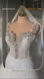 NIL-357 Ivory Ball Gown Pearl Beaded Tulle Mesh Wedding Dress