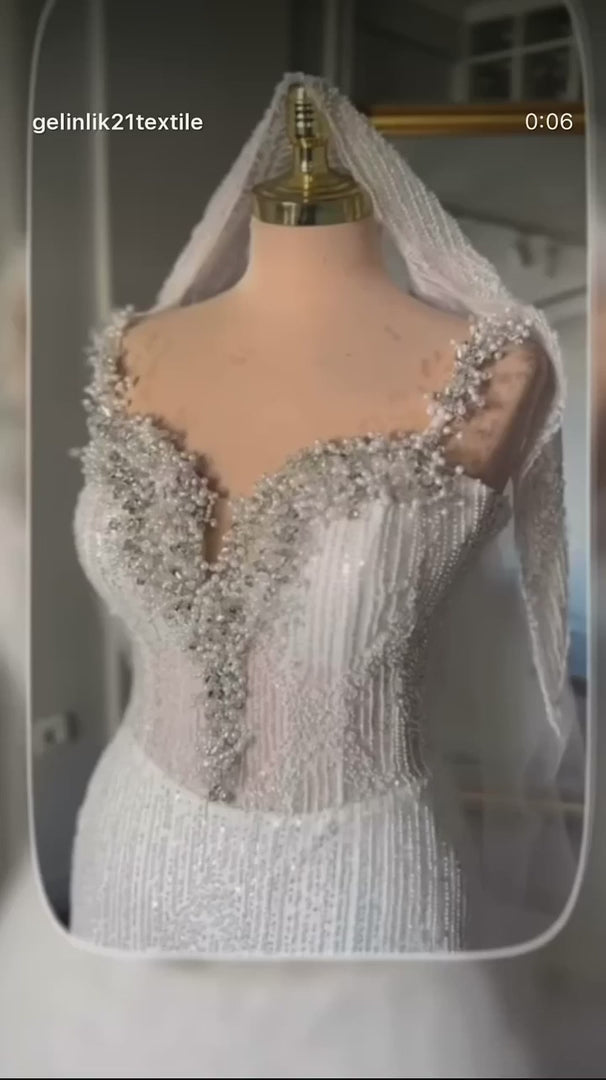 NIL-357 Ivory Ball Gown Pearl Beaded Tulle Mesh Wedding Dress