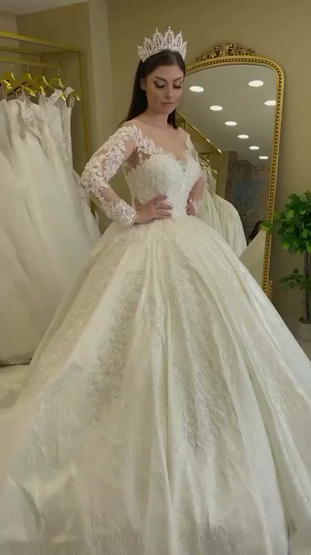 NIL-330 Ivory Ball Gown Floral Lace Tulle Wedding Dress