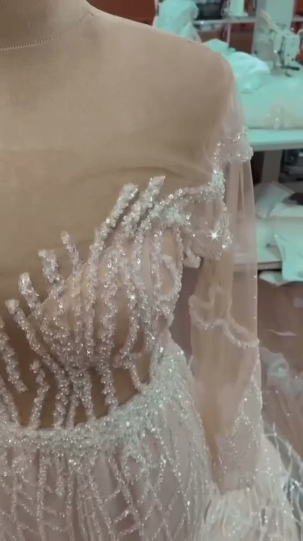 NIL-333 Ivory Ball Gown Pearl Beaded Tulle Mesh Wedding Dress