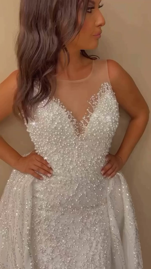 NIL-309 Ivory A-Line Crystal Beaded Tulle Mesh Wedding Dress