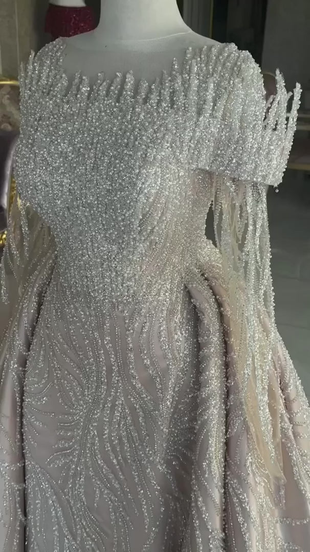 NIL-367 Ivory Mermaid Crystal Beaded Mesh Engagement Dress