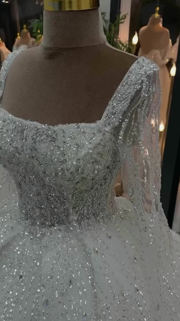 NIL-321 Ivory Ball Gown Crystal Beaded Glitter Tulle Wedding Dress