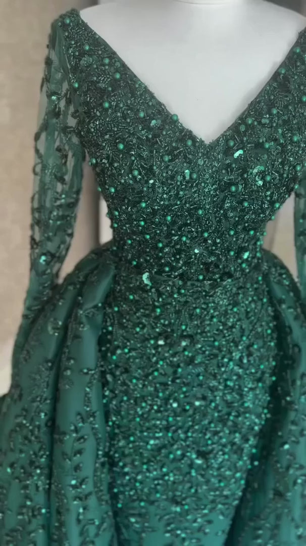 NIL-380 Emerald Ball Gown Sequin Beaded Tulle Engagement Dress