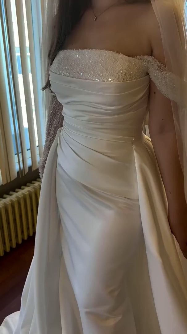 NIL-332 Ivory Sheath Draped Satin Wedding Dress