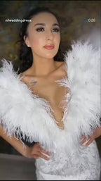 NIL-320 White Sheath Feather Beaded Tulle Engagement Dress