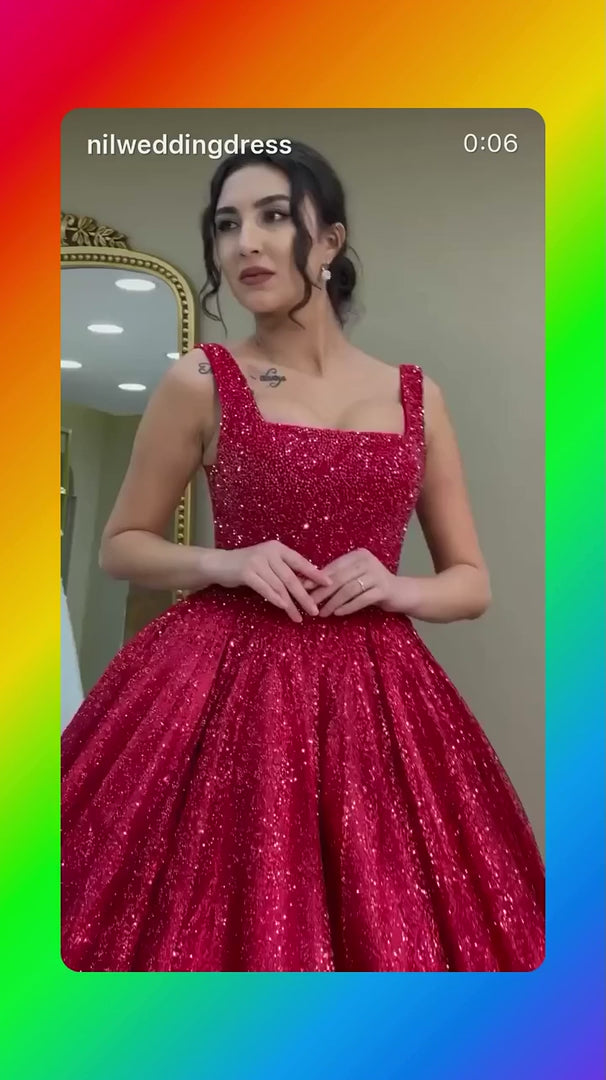 NIL-377 Red Ball Gown Sequin Beaded Tulle Engagement Dress