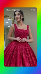 NIL-377 Red Ball Gown Sequin Beaded Tulle Engagement Dress
